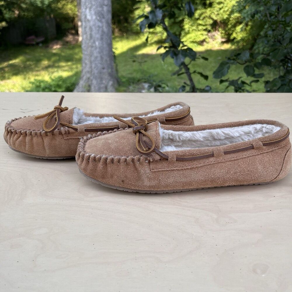 Minnetonka Moccasin Slippers Womens Sz 9 Brown Suede Fur Lined Wool Thermal